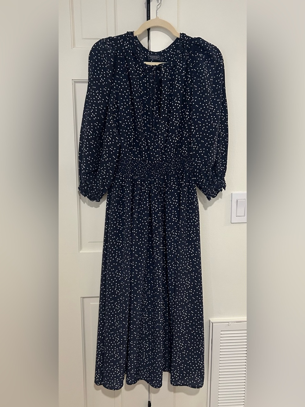 Vineyard Vines Navy Polka Dot Long Sleeve Midi Dress